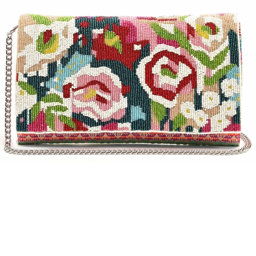 A & B Geo Floral Beaded Flap Clutch Handbag Pink Purple Cream Bag Flower Chain